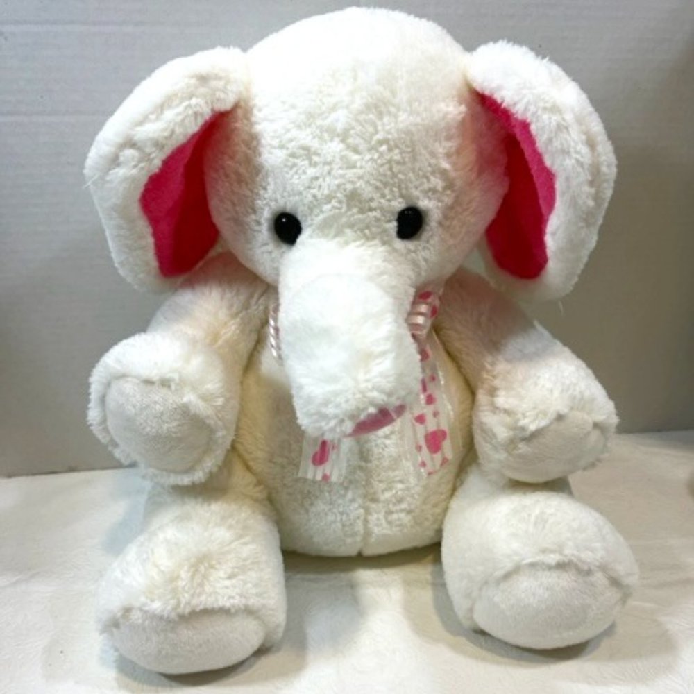 SOFT White Elephant Aurora Stuffed Toy Pink Heart Ribbon Plush 13"